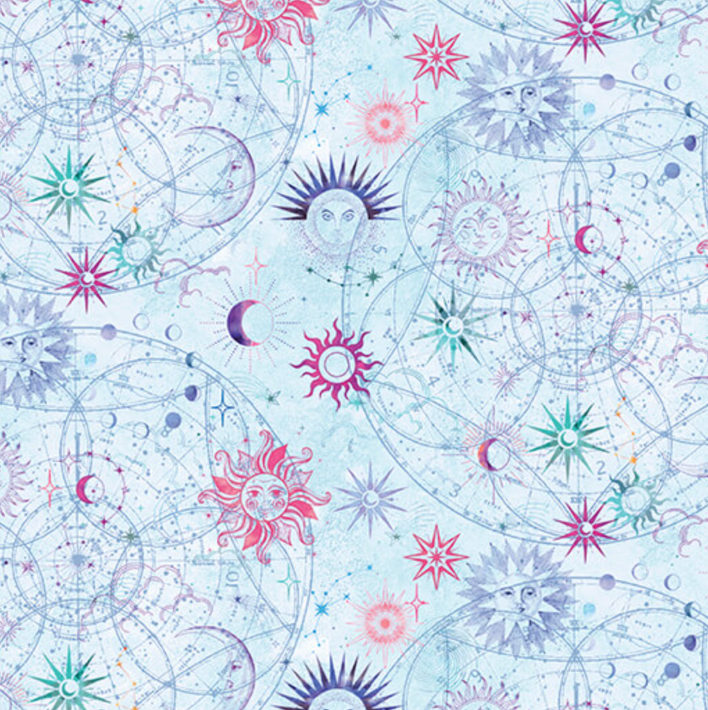 Pattern of celestial symbols including stars, moons, and suns on a light blue background.