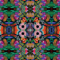 Colorful abstract pattern with flowers and geometric shapes on a black background