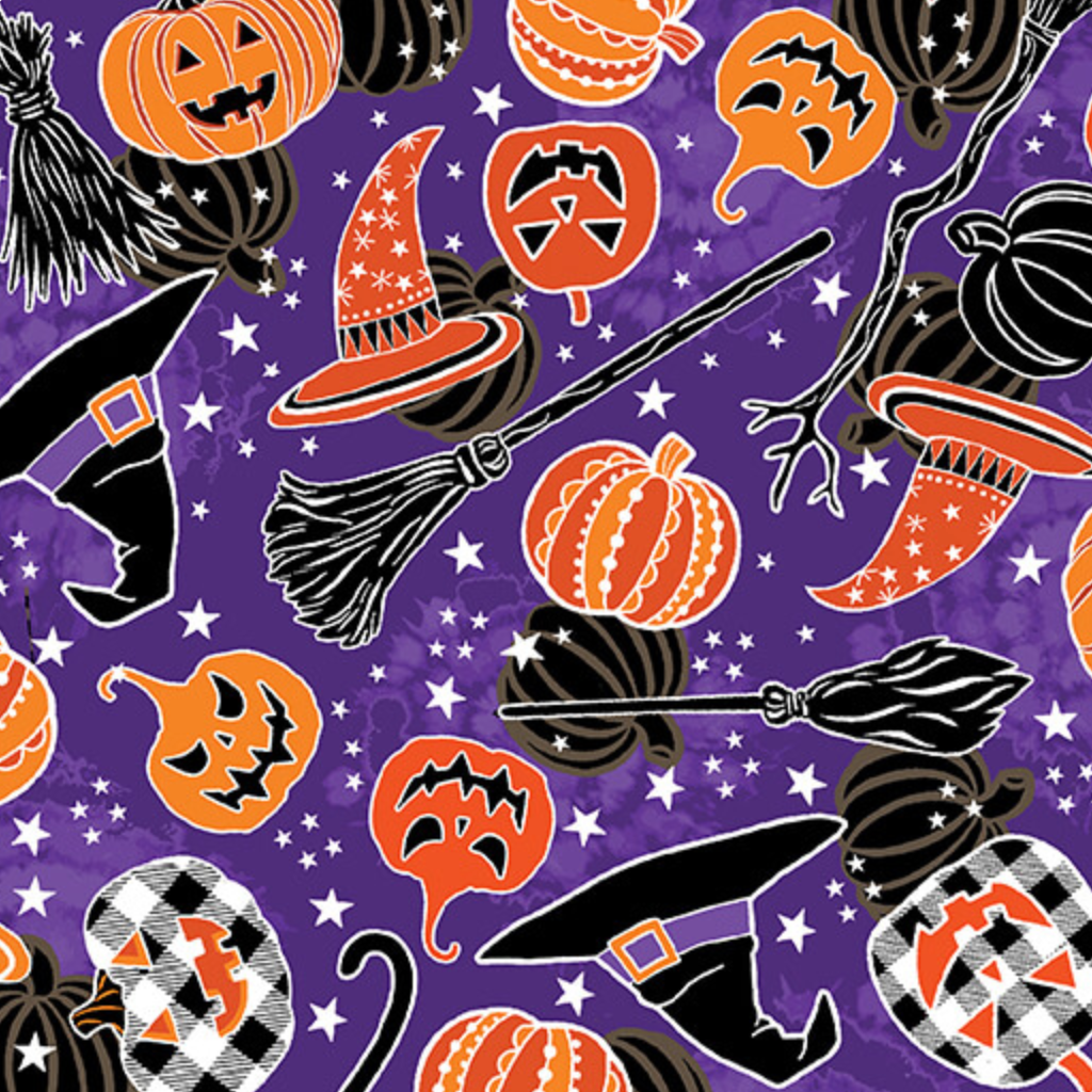 Halloween-themed scrub hat fabric pattern with pumpkins, witch hats, brooms, and cats on a purple background.