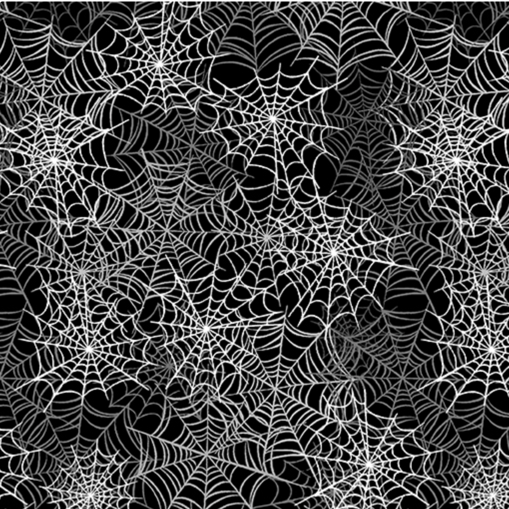 halloween scrub hat fabric with white spiderwebs on a black background