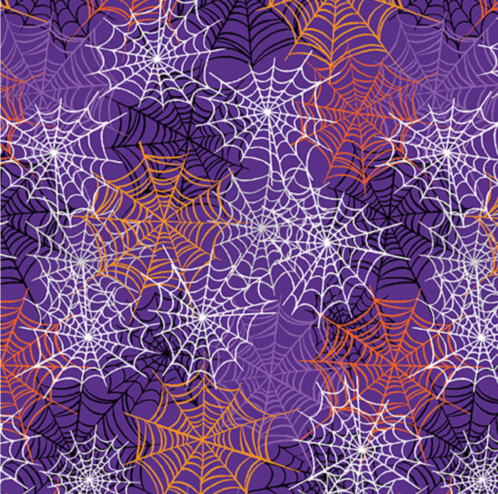 scrub hat fabric with a pattern of spider webs in various colors on a purple background