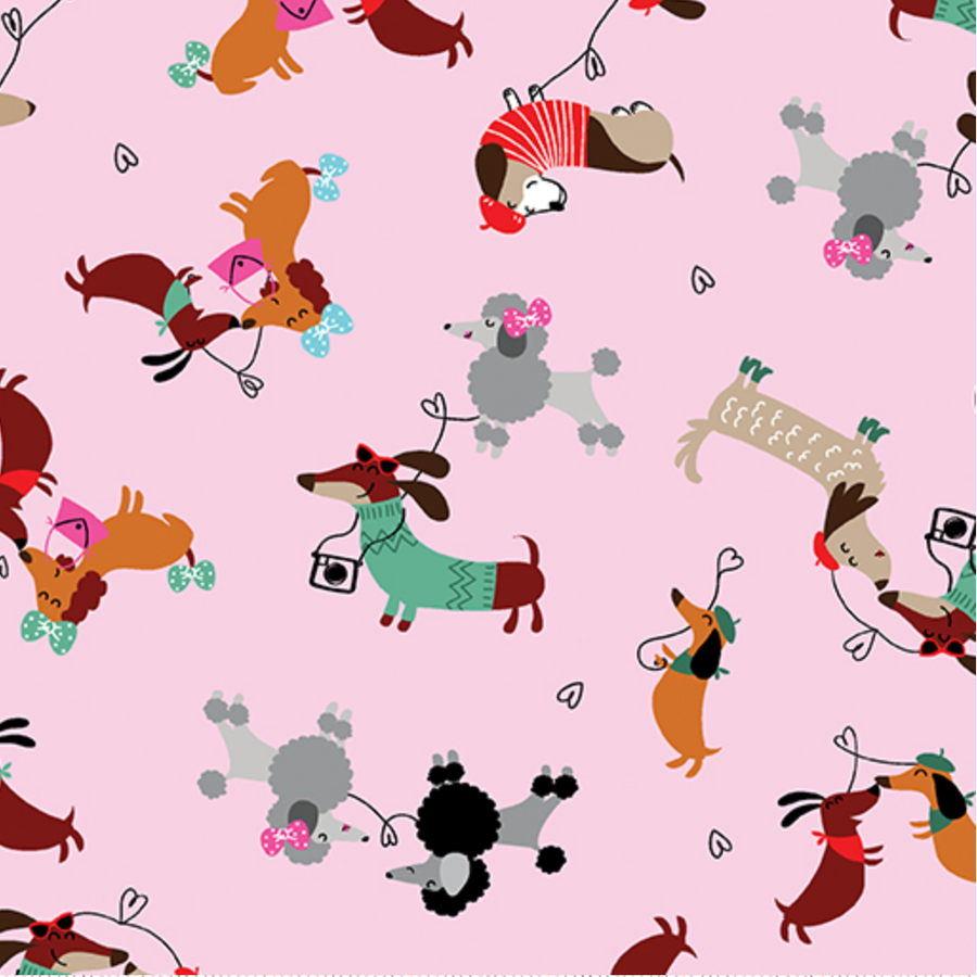 scrub hat fabric that is pink with dogs on it