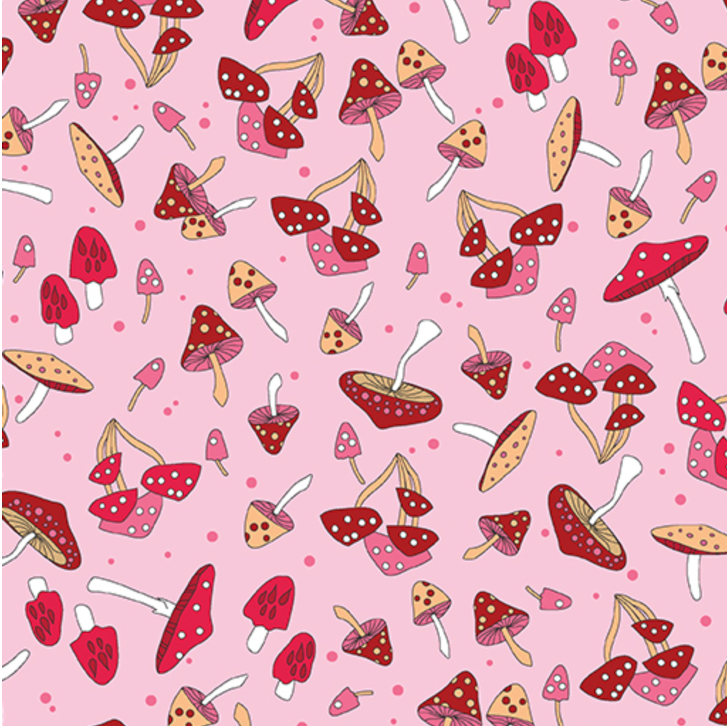 surgical cap fabric that is pink with red mushrooms on it
