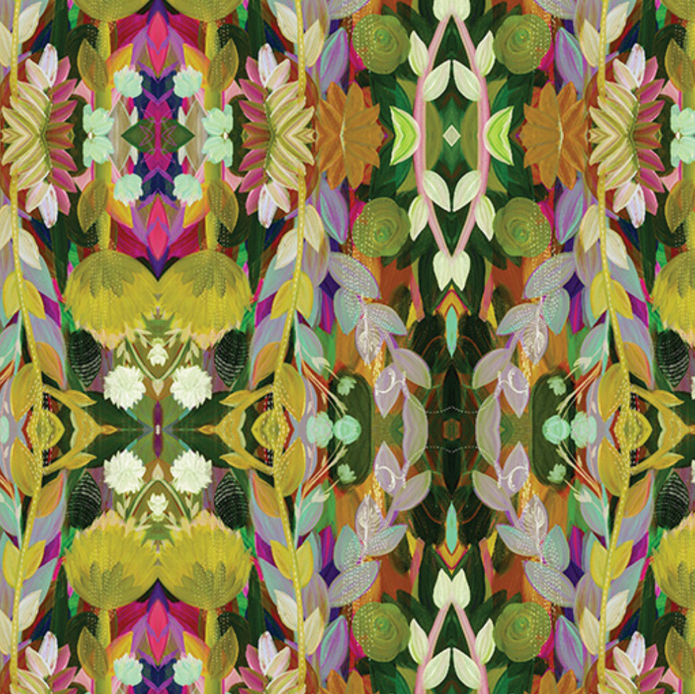 Colorful scrub hat fabric with a floral pattern with a kaleidoscopic design