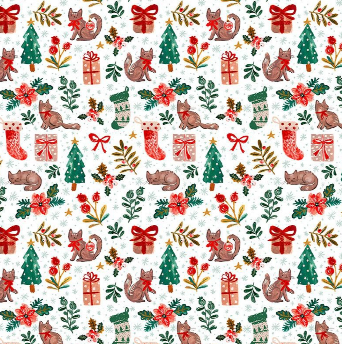 a scrub hat fabric that is christmas themed with cats and stocking and christmas trees ona white background