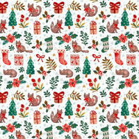 a scrub hat fabric that is christmas themed with cats and stocking and christmas trees ona white background