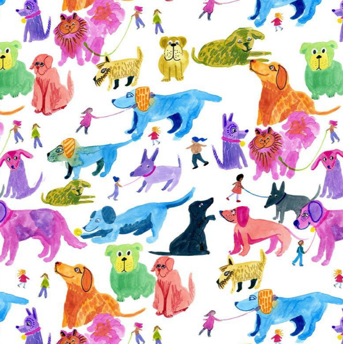 Pattern of colorful dogs and people on a white background