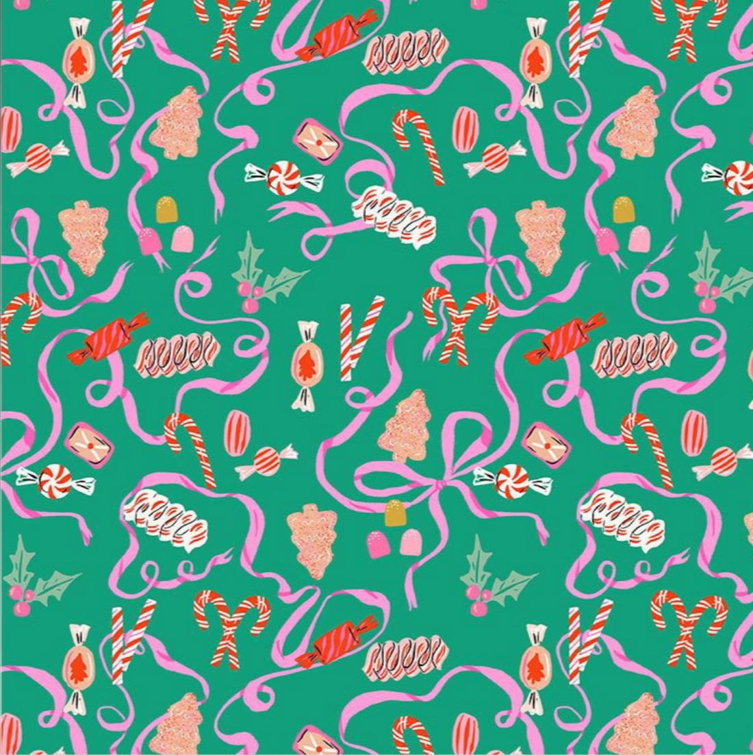 christmas scrub hat fabric with a pattern of candies, ribbons, and bows on a green background