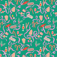 christmas scrub hat fabric with a pattern of candies, ribbons, and bows on a green background