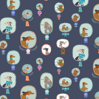 Pattern of illustrated dogs in various poses on a blue background