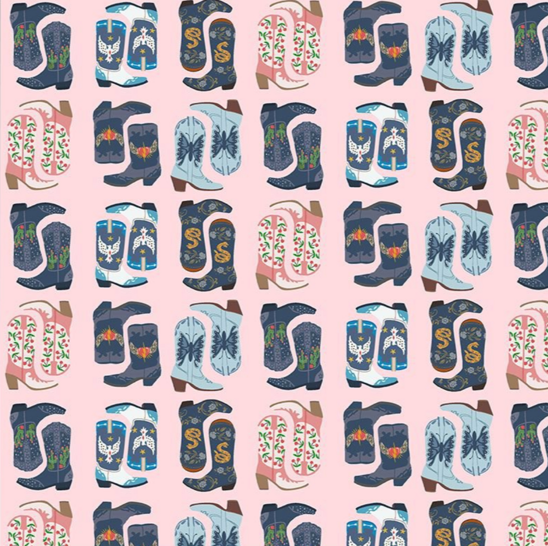 scrub cap fabric that has blue cowboy boots on a pink background