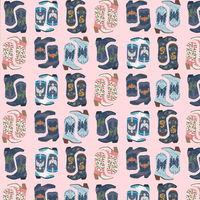surgical cap fabric pattern that is pink with cowboy boots on it