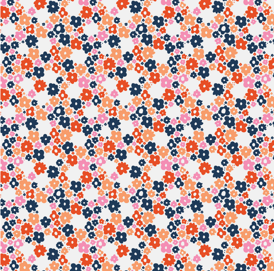 scrub hat fabric pattern of small flowers in various colors on a white background