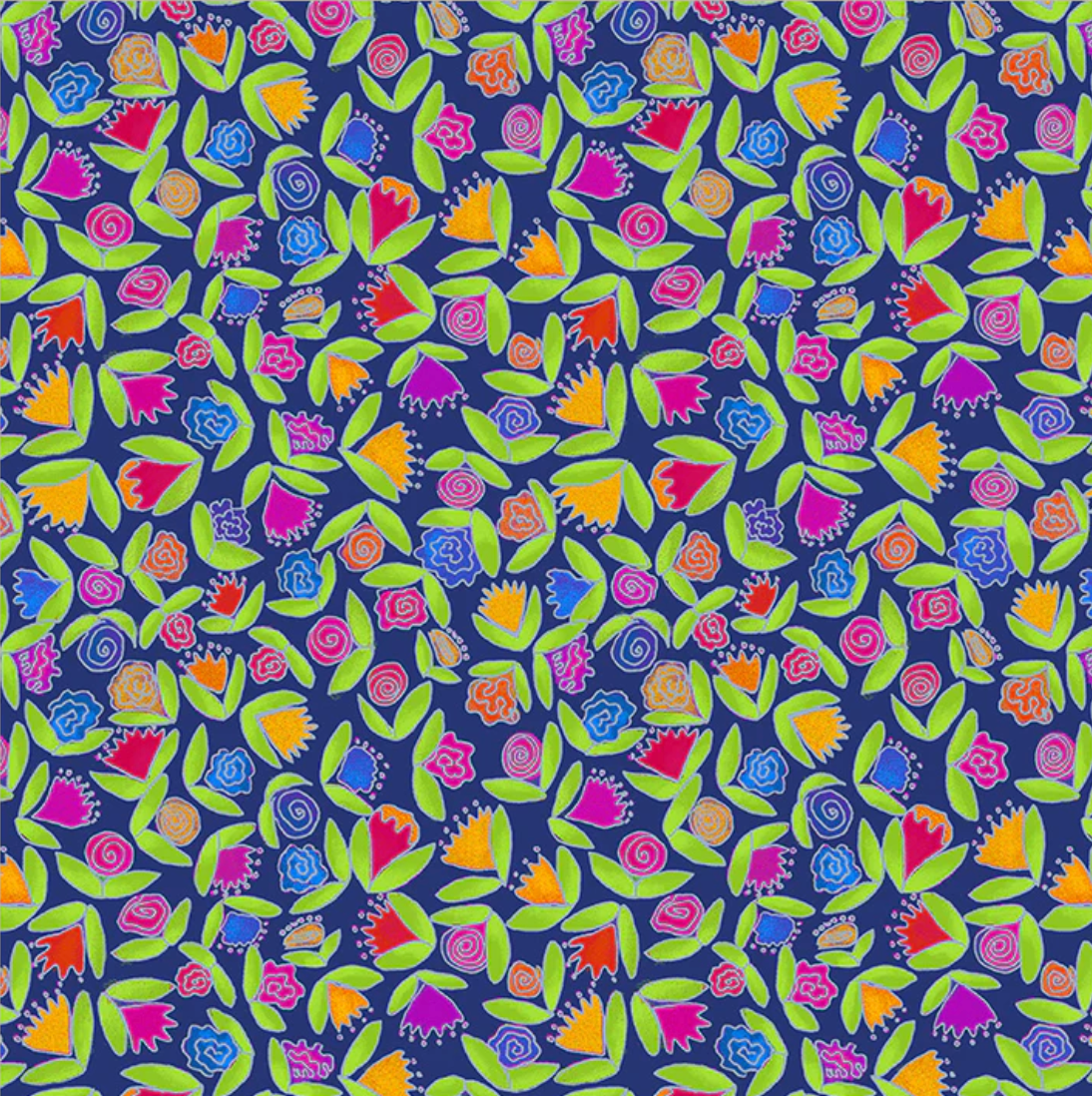 Colorful floral pattern on a navy blue background