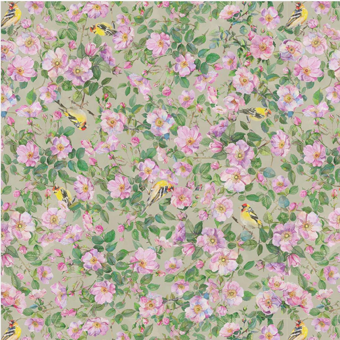 scrub hat fabric with a pattern of pink flowers and small birds on a light green background