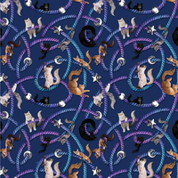 Pattern of cats, moons, and stars on a blue background