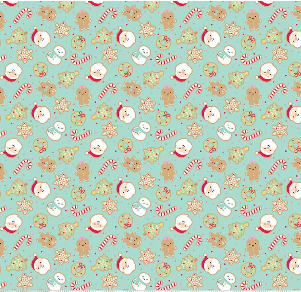 scrub hat fabric with a Pattern of Christmas-themed cookies, snowmen, and candy on a light blue background