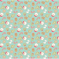 scrub hat fabric with a Pattern of Christmas-themed cookies, snowmen, and candy on a light blue background