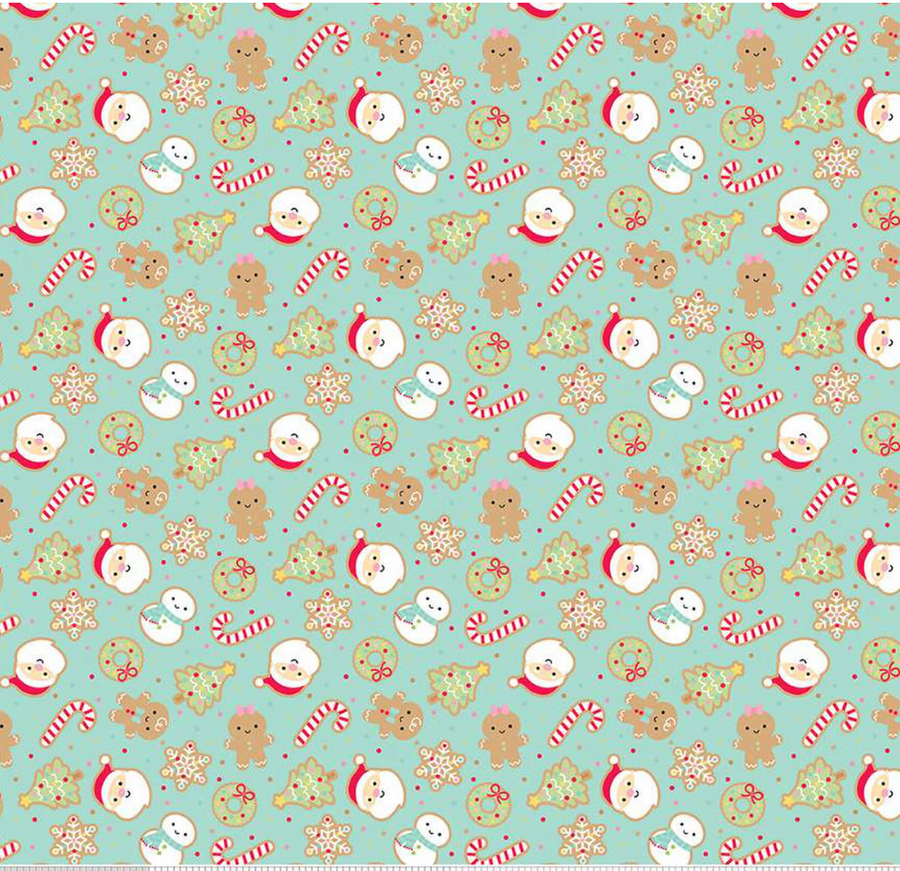 scrub hat fabric with a Pattern of Christmas-themed cookies, snowmen, and candy on a light blue background