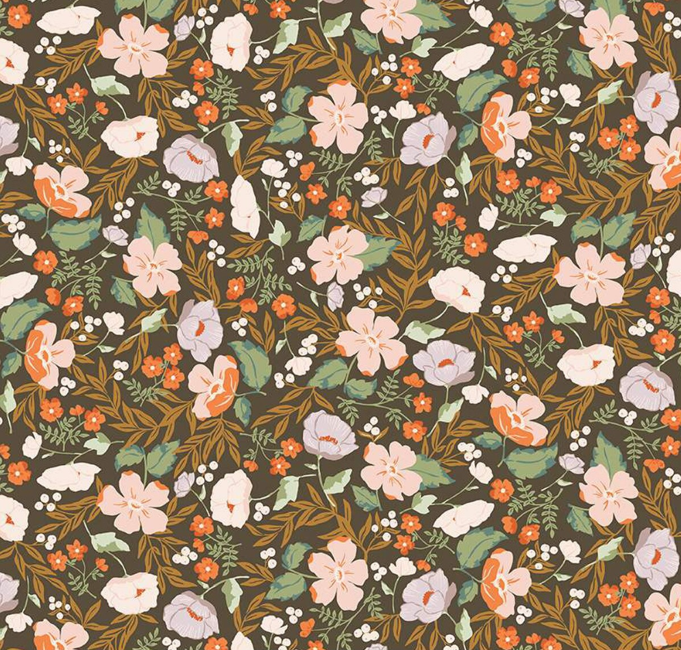 scrub hat fabric that is brown with neutral colored flowers on it that are orange and light green