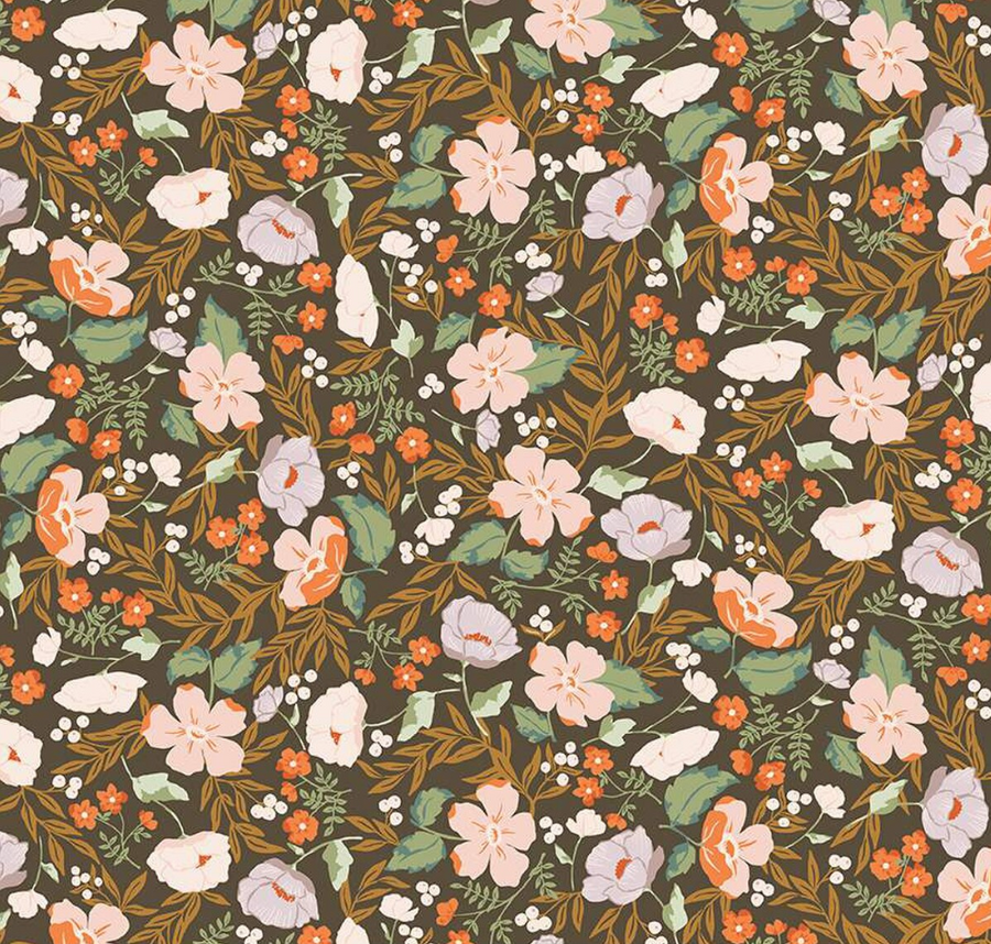 scrub hat fabric that is brown with neutral colored flowers on it that are orange and light green