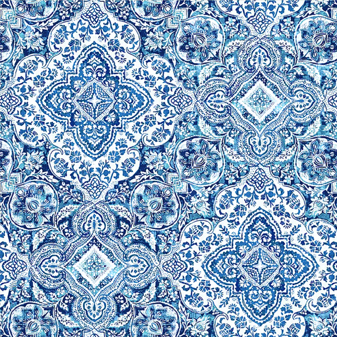 Patterned fabric with blue and white design