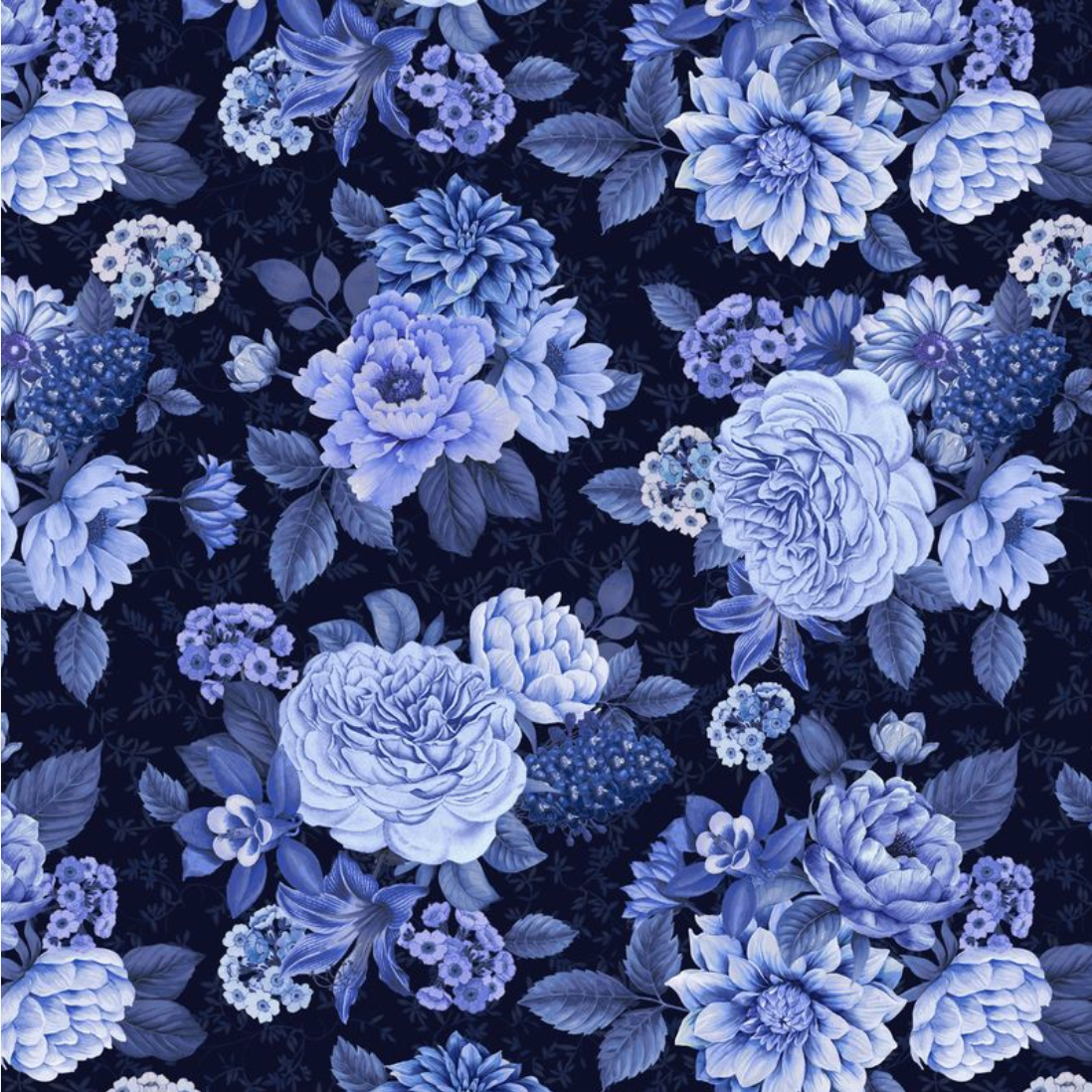 Pattern of blue flowers on a dark background