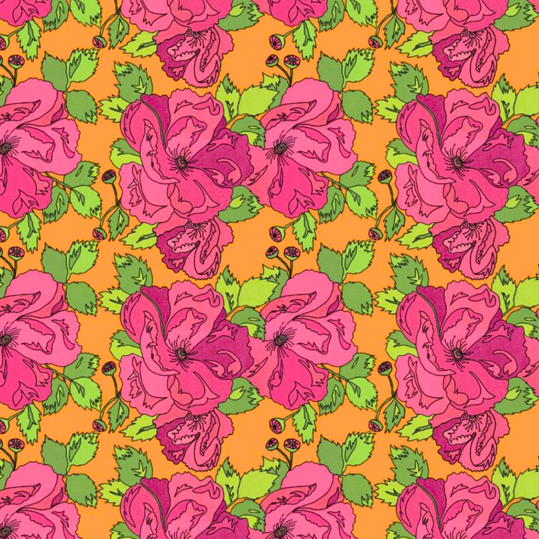 Pattern of pink flowers with green leaves on an orange background