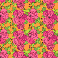 Pattern of pink flowers with green leaves on an orange background