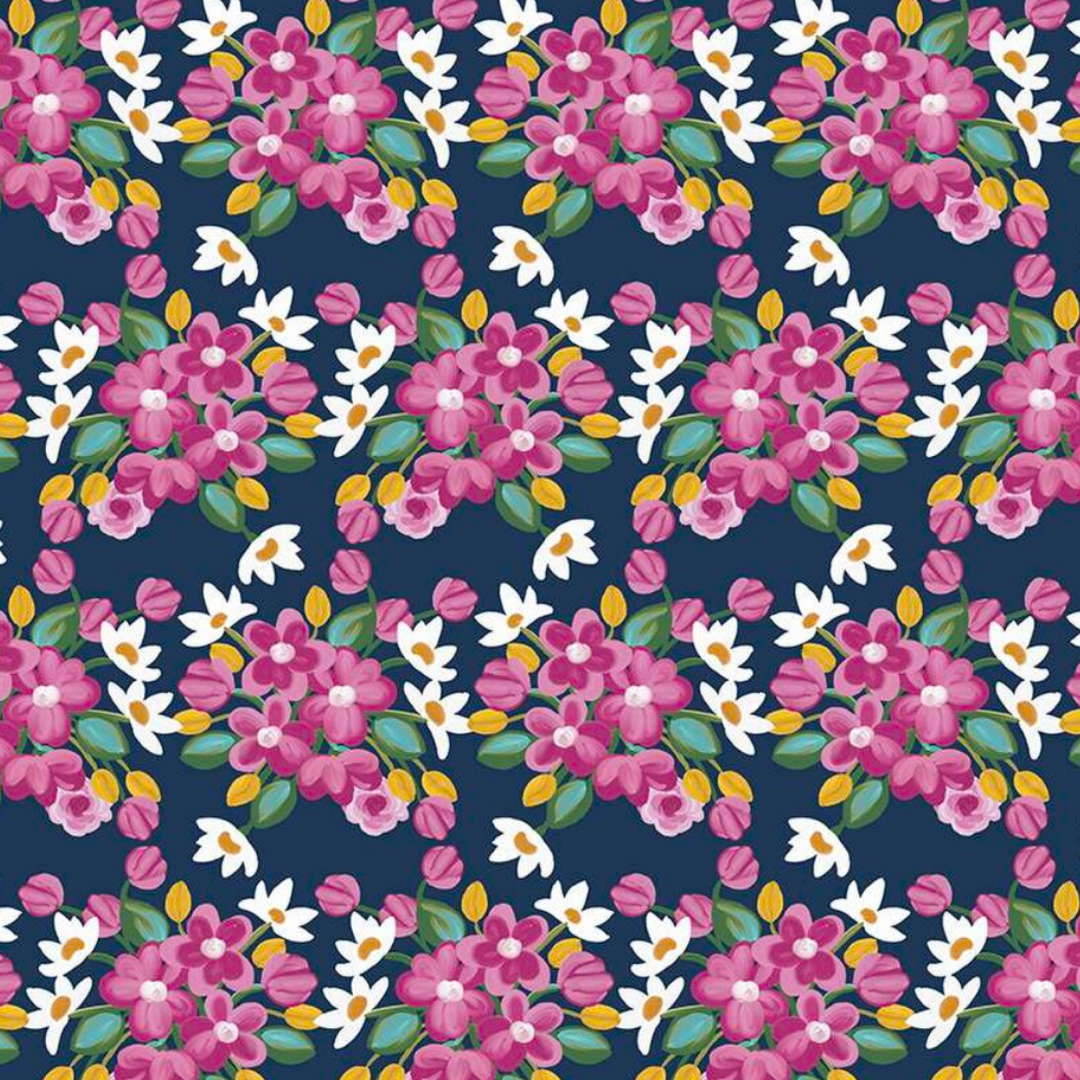 Floral pattern with pink and white flowers on a blue background