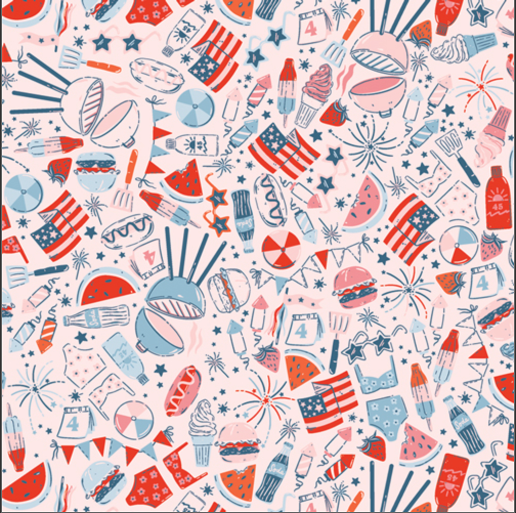 Pattern of 4th of July-themed icons on a light pink background