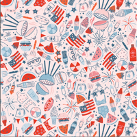 Pattern of 4th of July-themed icons on a light pink background