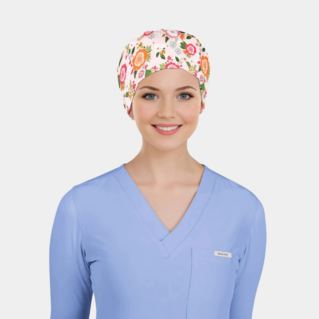 Woman wearing a floral scrub cap and light blue scrub top on a white background