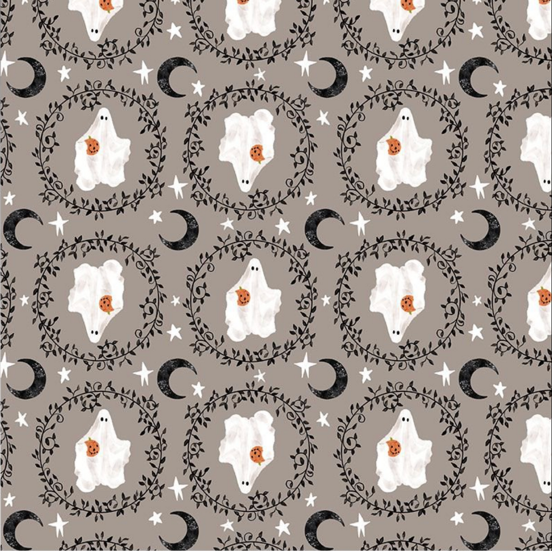 A repeating Halloween-themed pattern featuring white ghosts with orange flowers, black crescent moons, and black leafy wreaths on a warm taupe-gray background.