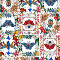 Pattern of colorful butterflies and flowers on a white background