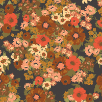 A dense floral pattern featuring retro-style flowers in coral red, peach, orange, cream, and brown with olive green leaves on a dark charcoal gray background.