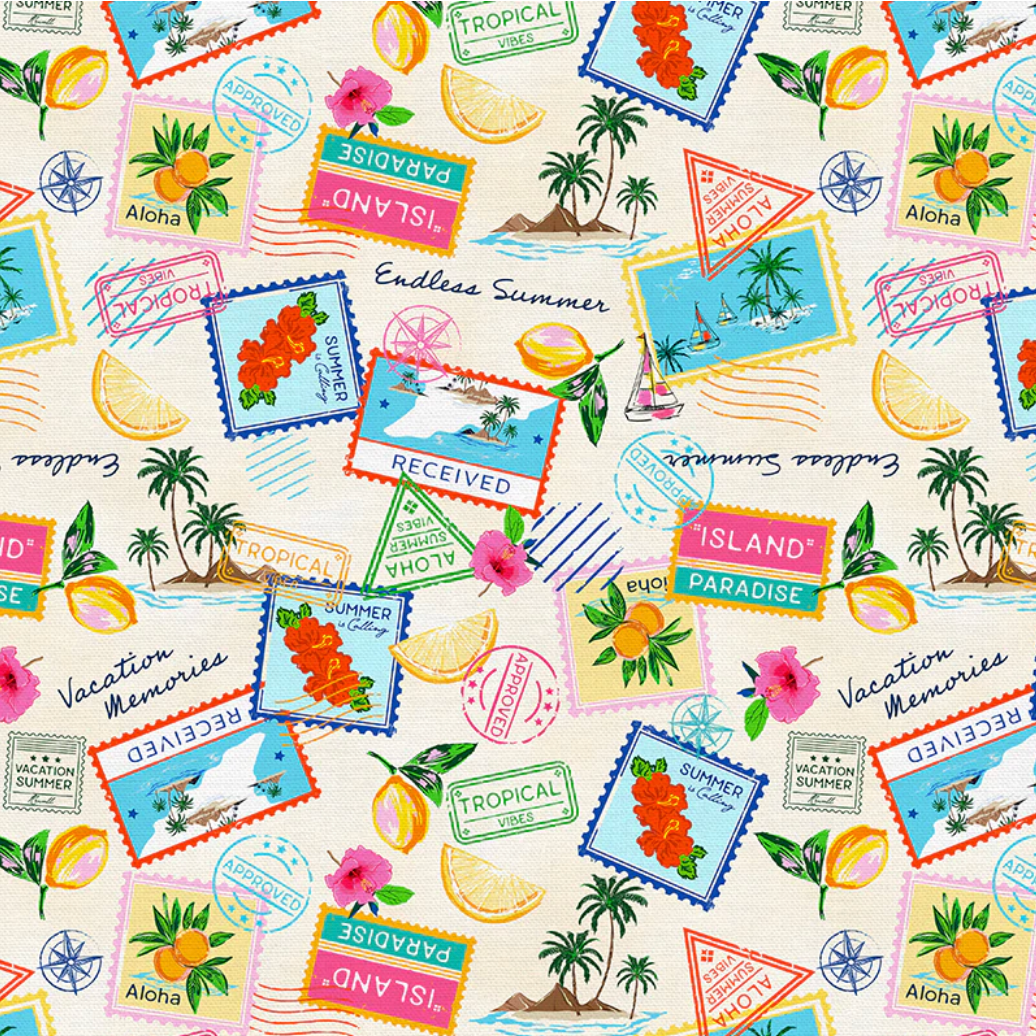 Pattern of tropical-themed stamps and icons on a beige background
