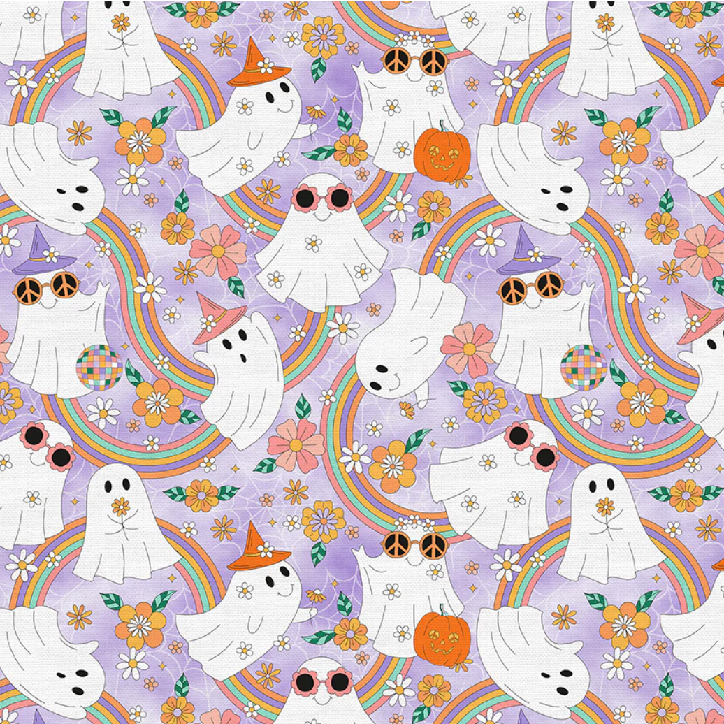A repeating Halloween-themed pattern on a light lavender background, featuring cartoon ghosts, rainbows, orange pumpkins, white flowers, and small green leaves.