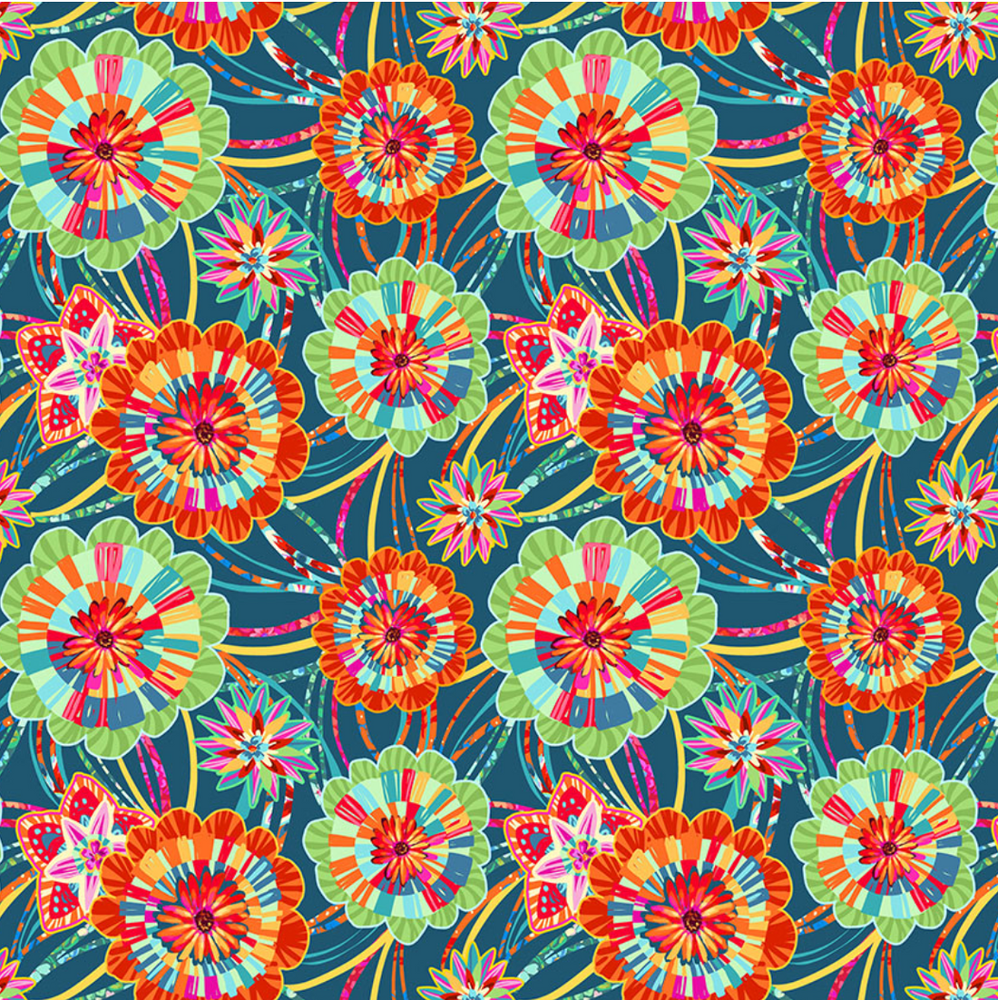 Colorful floral pattern on a dark blue background