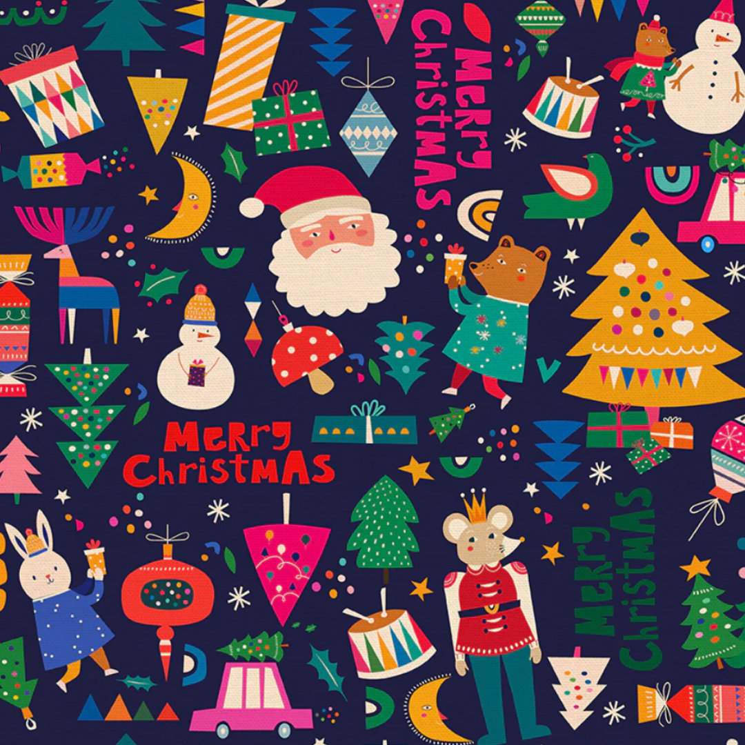 surgical cut fabric with a Christmas-themed pattern with Santa Claus, trees, presents, and other festive elements on a dark blue background.