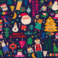 surgical cut fabric with a Christmas-themed pattern with Santa Claus, trees, presents, and other festive elements on a dark blue background.