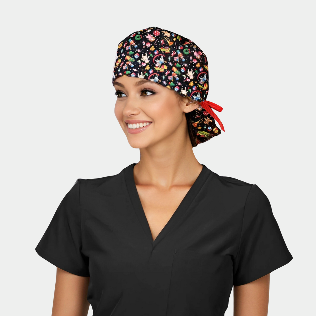 woman wearing a black scrub top and a christmas ponytail scrub cap on a white background