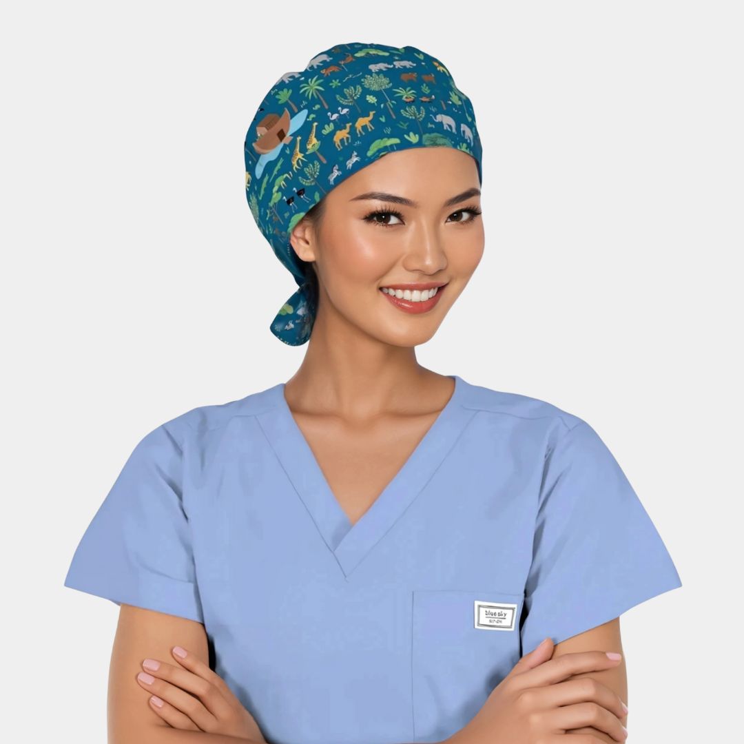 woman wearing a light blue scrub top and a noah&