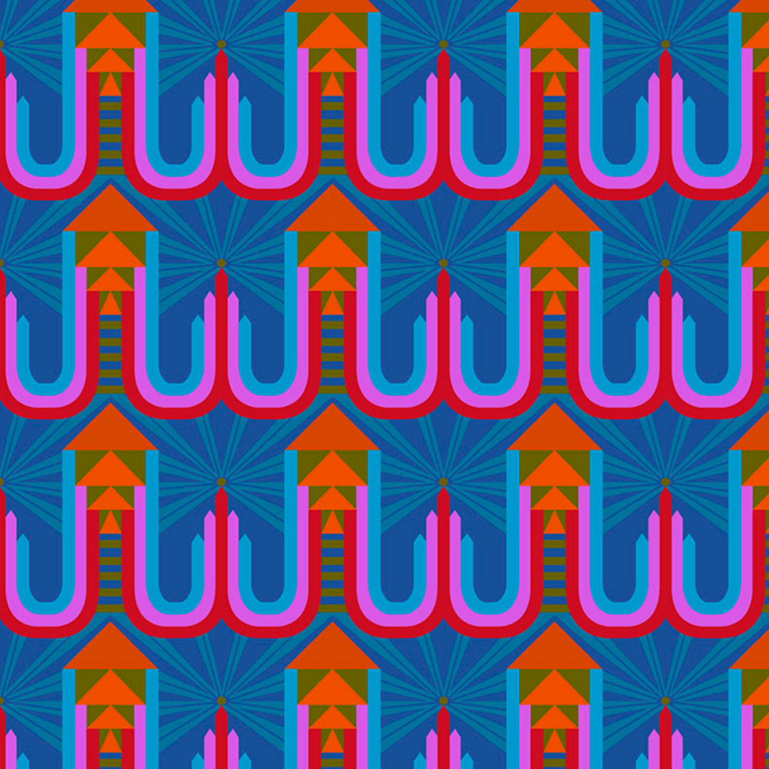 surgical scrub hat fabric pattern that is colorful pattern with pink hooks and geometric shapes on a blue background