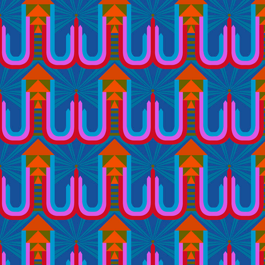 surgical scrub hat fabric pattern that is colorful pattern with pink hooks and geometric shapes on a blue background