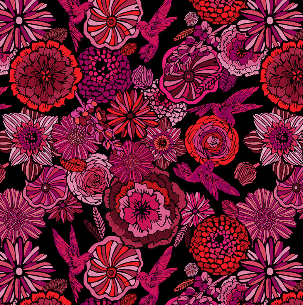 surgical cap fabric that is black with big pink flowers on it