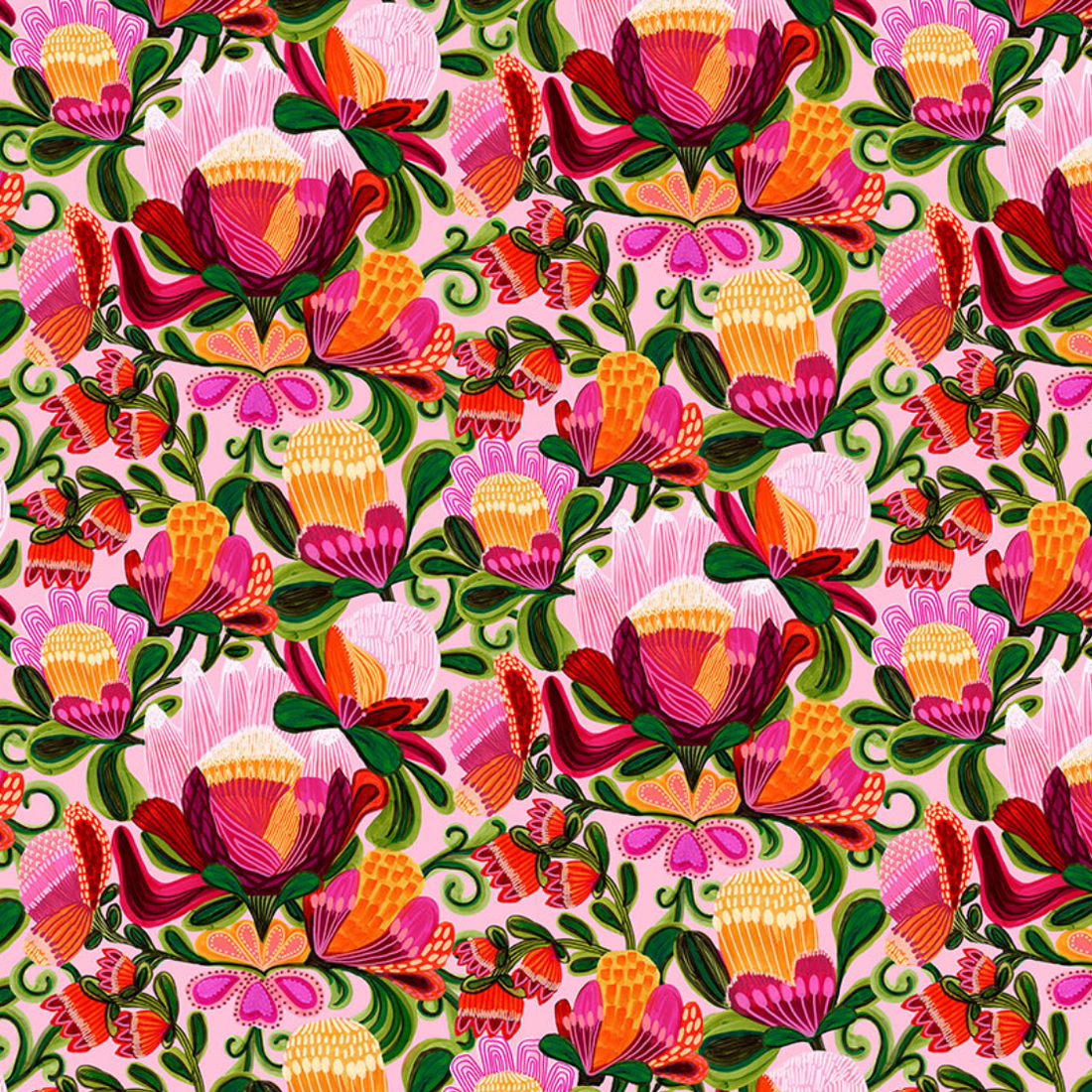 Colorful floral pattern with pink, green, and orange flowers on a pink background