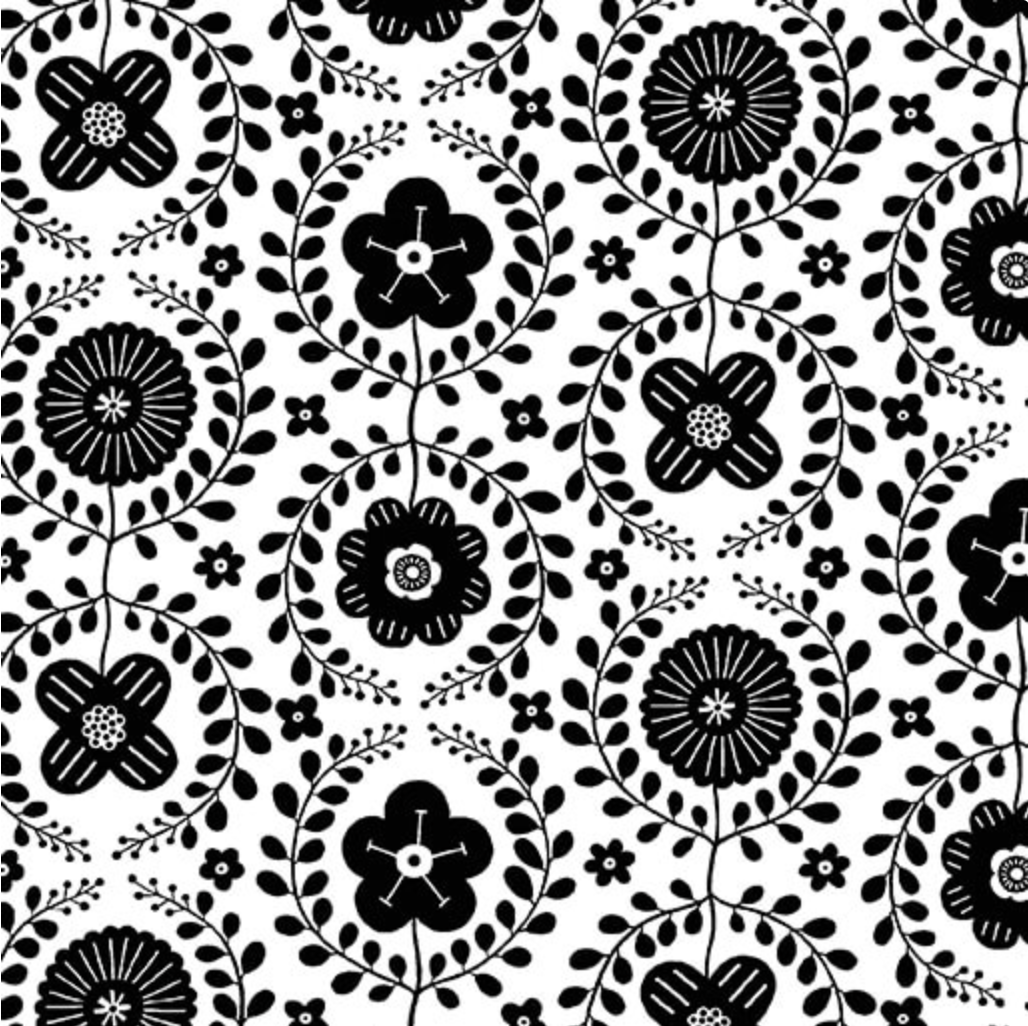 Black floral pattern on a white background