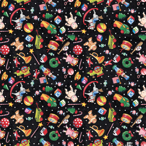 scrub hat fabri that is black with christmas toys on it