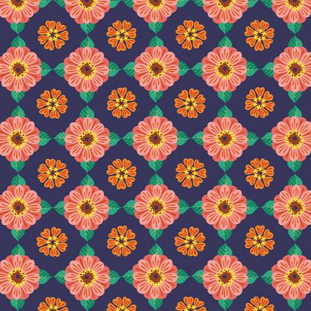scrub hat fabric with a pattern of pink and orange flowers on a blue background